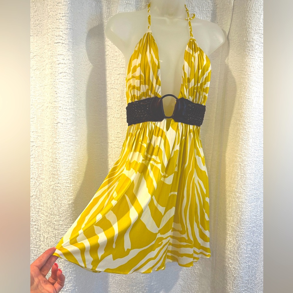 Vintage SKY Dress L Yellow Ivory Tiger Print Leather Belt RHOC ASOS